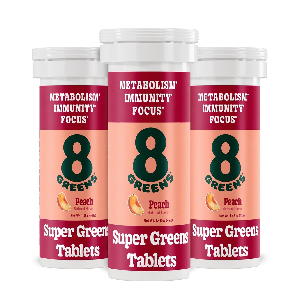 8Greens Daily Greens Gummies, Peach, 30 Count | Spinach, Wheatgrass, Blue Green Algae, Spirulina, Aloe Vera, Chlorella, and Barley Grass; For Metabolism, Immunity & Focus