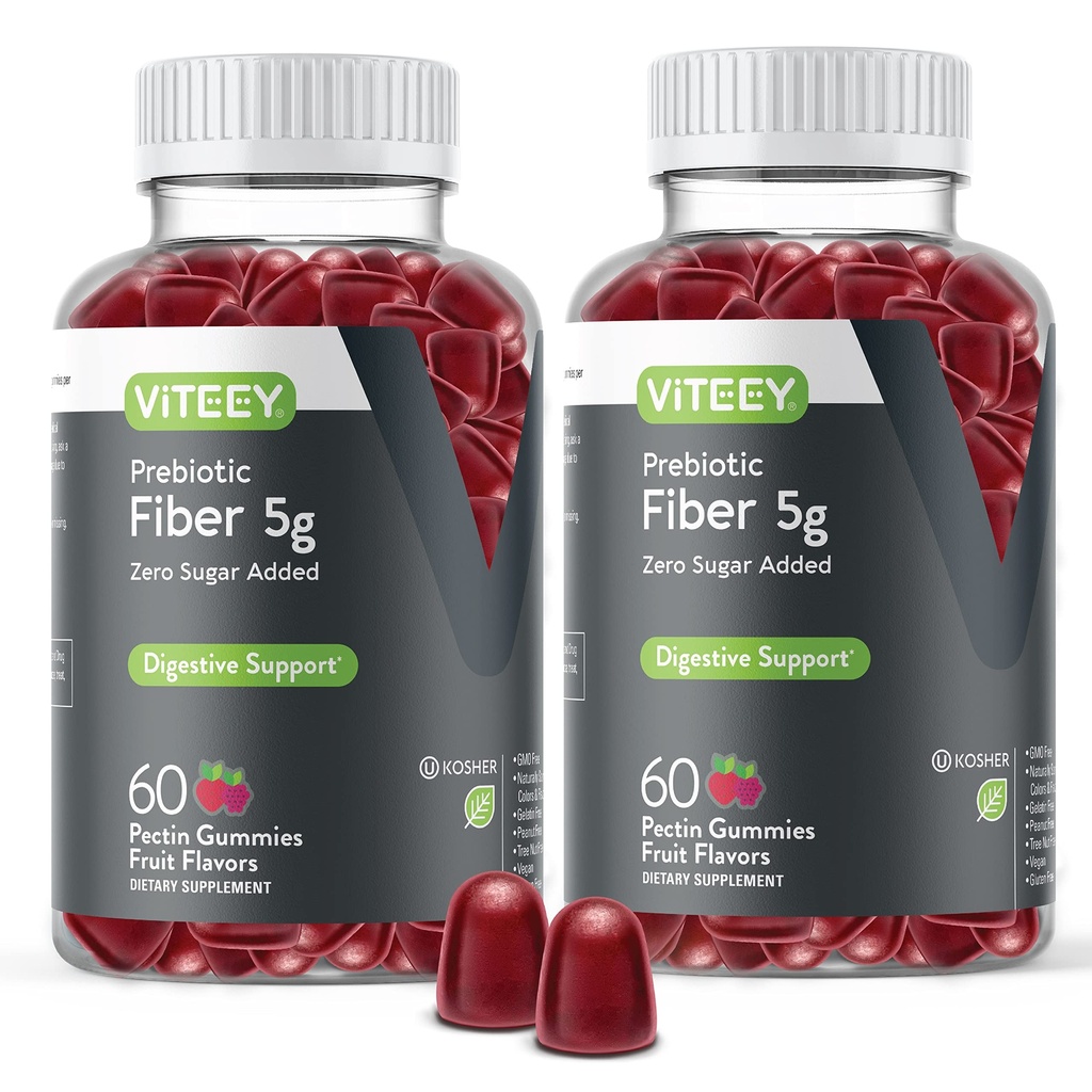 Viteey Prebiotic Fiber Gummies for Adults, 5g - Gut Health & Digestive Soluble Fiber Supplement Gummies - Zero Sugar Added, Vegan, Gluten-Free - 120 Count