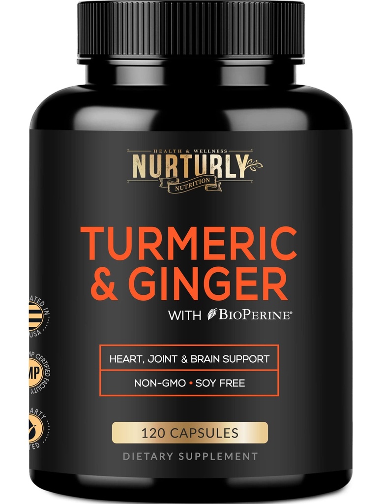 Turmeric Curcumin with BioPerine & Ginger, Black Pepper and 95% Curcuminoids - High Absorption Turmeric Supplements for Hearth Health - Non-GMO, Gluten Free - 120 Capsules