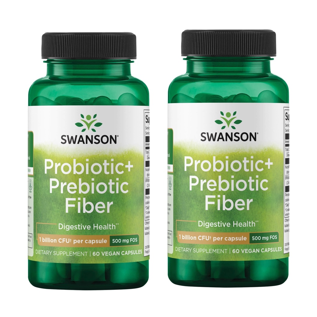 Swanson Prebiotic + Probiotic Fiber Digestive and Immune Health Supplement for Gut-Health-Conscious Adults with 500 Million CFU (60 Vegan Capsules, 2 Pack)