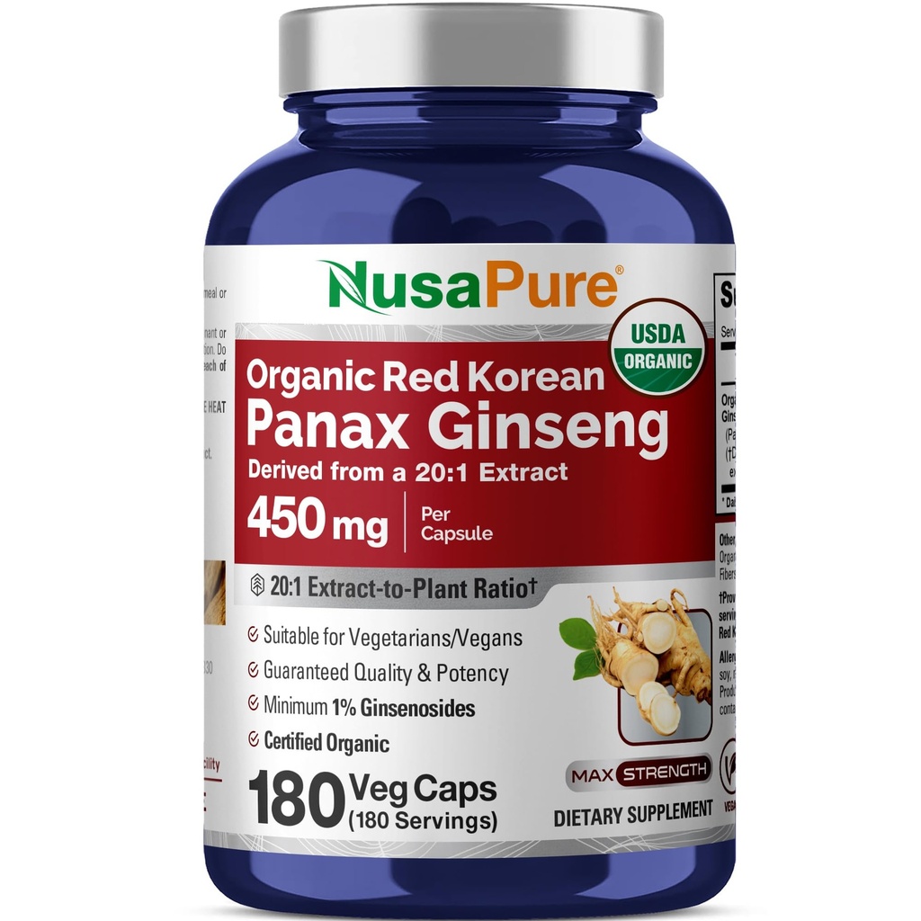 NusaPure Red Korean Panax Ginseng Capsules, 450 mg, 180 Veg Capsules (Non-GMO, USDA, Vegan)