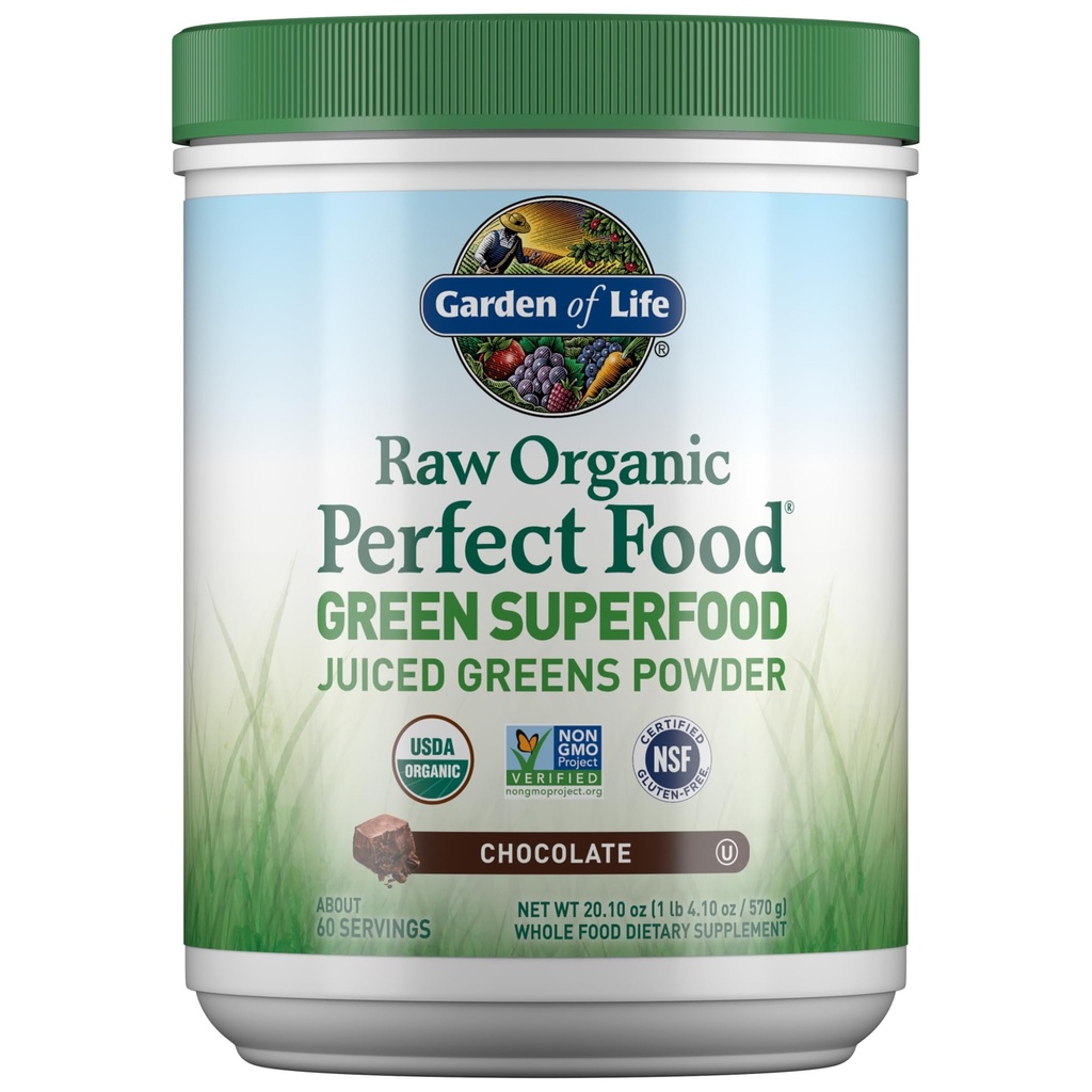Garden of Life Raw Organic Perfect Food Green Superfood Juiced Greens Powder - Chocolate, 60 Servings, Non-GMO, Gluten Free, Vegan Whole Food Dietary Supplement Plus Probiotics, Enzymes