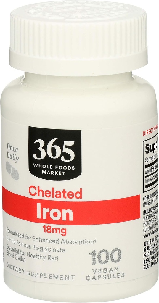 365 by Whole Foods Market, Iron Chelated 18Mg, 100 Veg Capsules (Pack of 2)
