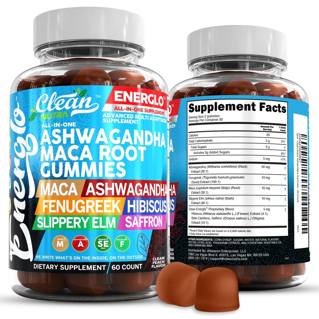Ashwagandha Maca Root Gummies with Fenugreek Hibiscus Slippery Elm Saffron Extract & Beta Carotene | Peach Flavor Vegan Gummy Vitamins Adaptogen Cortisol Supplement Energlo By Clean Nutra