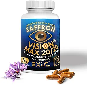 EXIR Eye Vitamins Lutein, Saffron Astaxanthin, Zeaxanthin, Grape Seed, Turmeric Supplement for Floaters, Strain, Pressure, Night Vision, VM20-30 Capsules