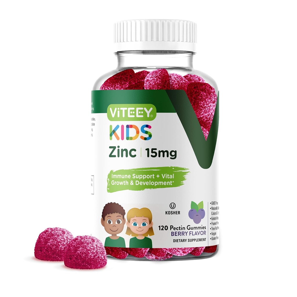 Viteey Zinc for Kids Gummies 15mg - Immune Support for Kids & Teens - Powerful Natural Antioxidant, Kids Zinc Vitamin Supplement - Vegan, Gelatin Free, Gluten Free - Tasty Chewable Berry Flavor Gummy