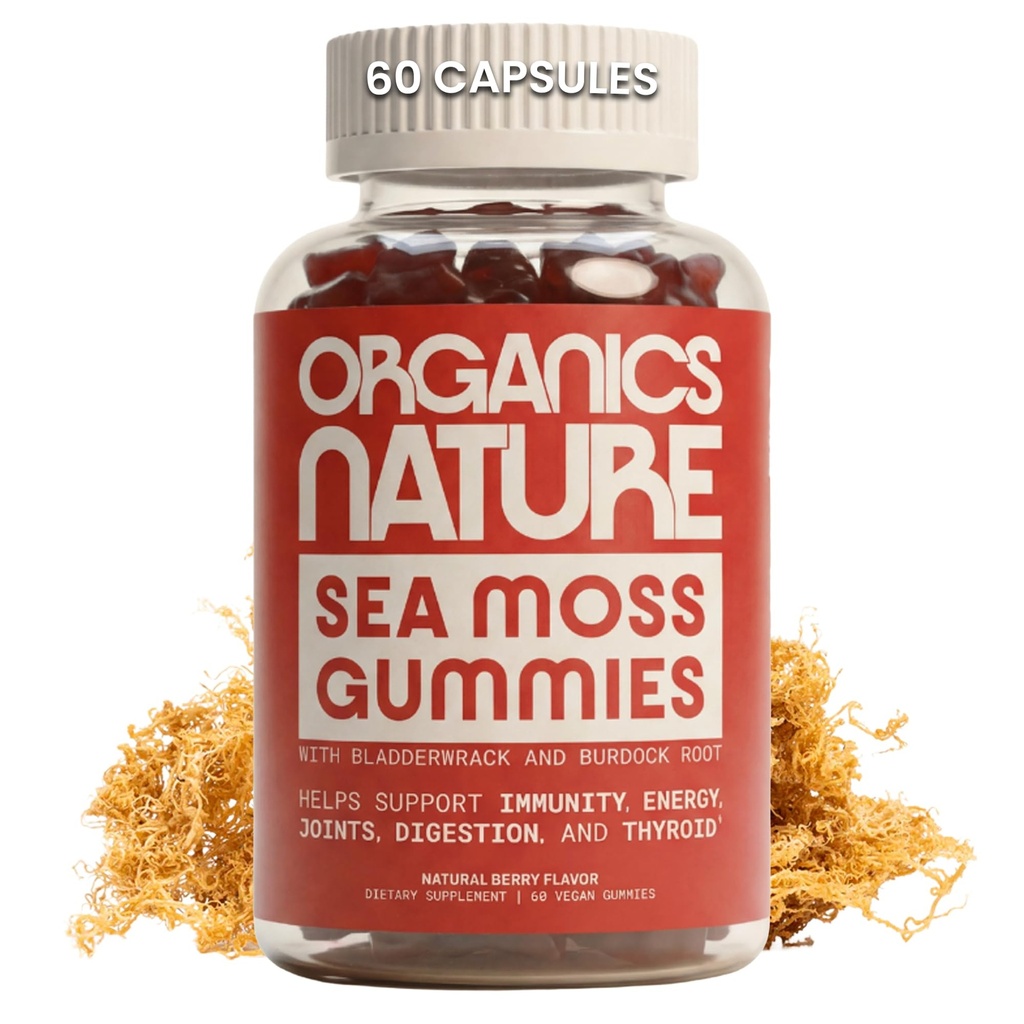 ORGANICS NATURE Irish Sea Moss Gummies for Lung Detox, Thyroid, Strength Immune & Energy Support, Vegan Seamoss Gummies for Kids & Adults - 60 Vegan Gummy Bears Berry Flavored