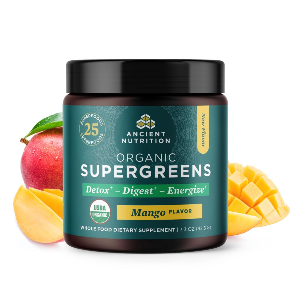 Ancient Nutrition SuperGreens Powder with Probiotics, Organic Mango Flavor Greens, Made from Real Fruits, Vegetables and Herbs, Digestive and Energy Support, 12 Servings, 3.3oz