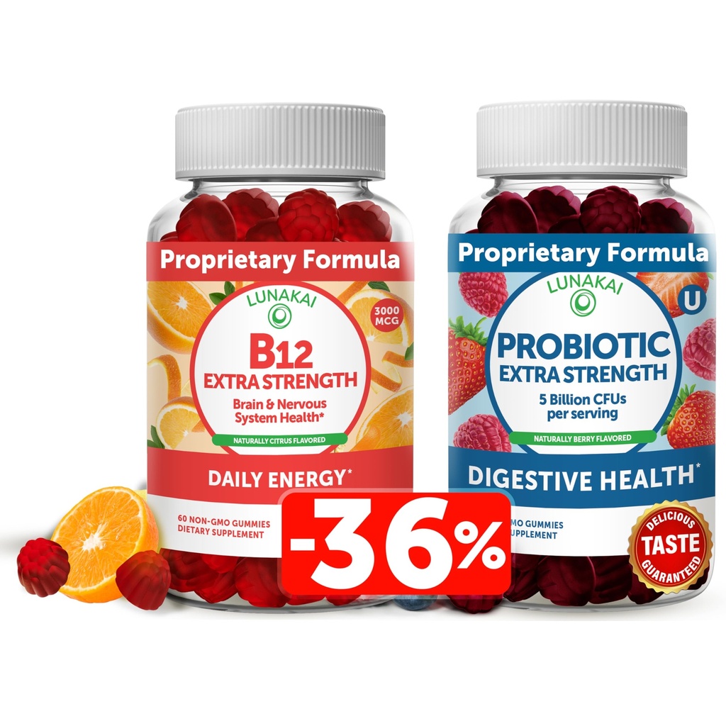 Lunakai Vitamin B12 and Probiotic Gummies Bundle - 3000 mcg Gummy for Adults Energy Support and Bone Health - 5 Billion CFUs Per Serving for Digestive Gut Health with Vitamin C for Women & Men