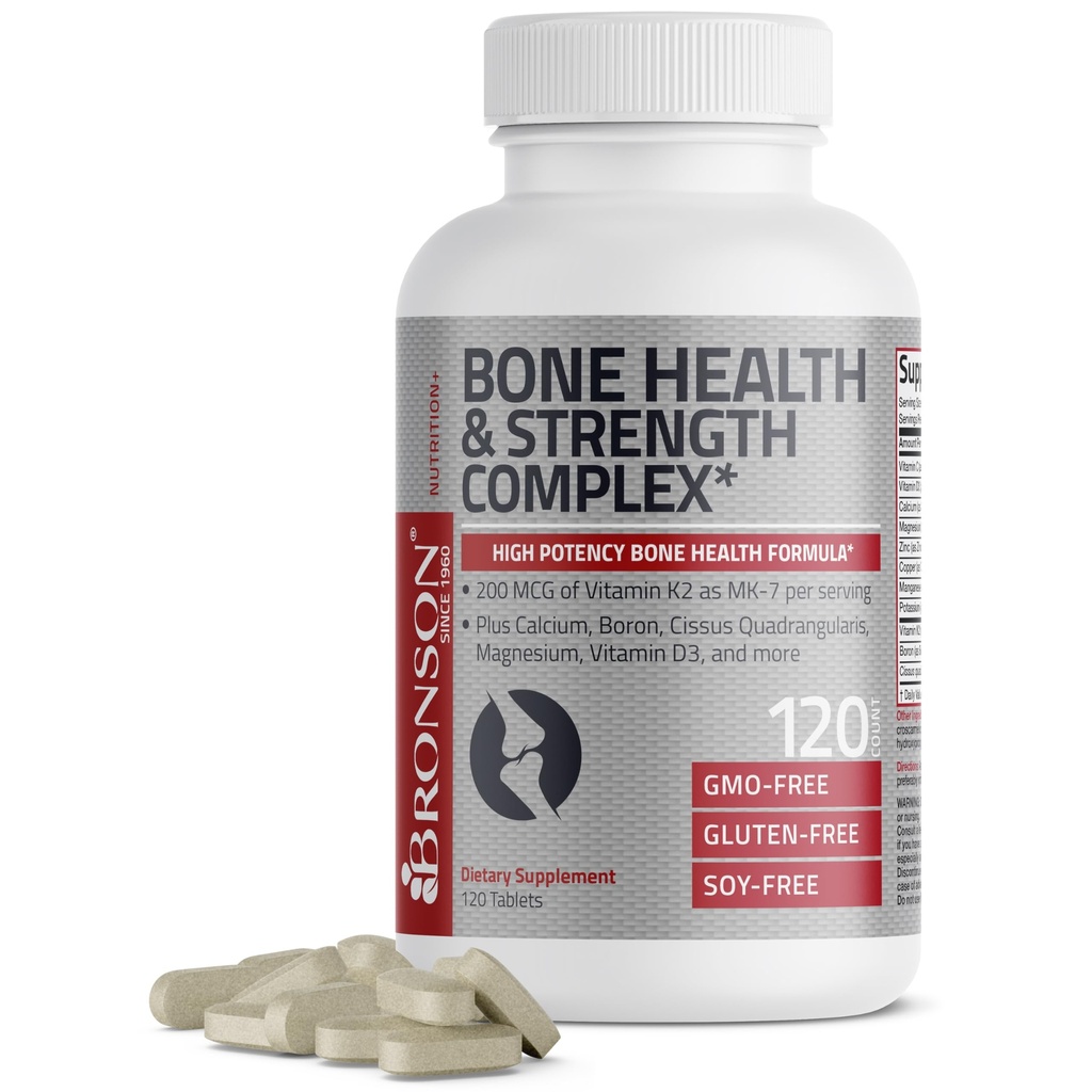 Bronson Bone Health & Strength Complex* High Potency Formula 200 MCG of Vitamin K2 as MK7, Plus Calcium, Boron, Cissus Quadrangularis, Magnesium, Vitamin D3, and More - Non-GMO, 120 Tablets