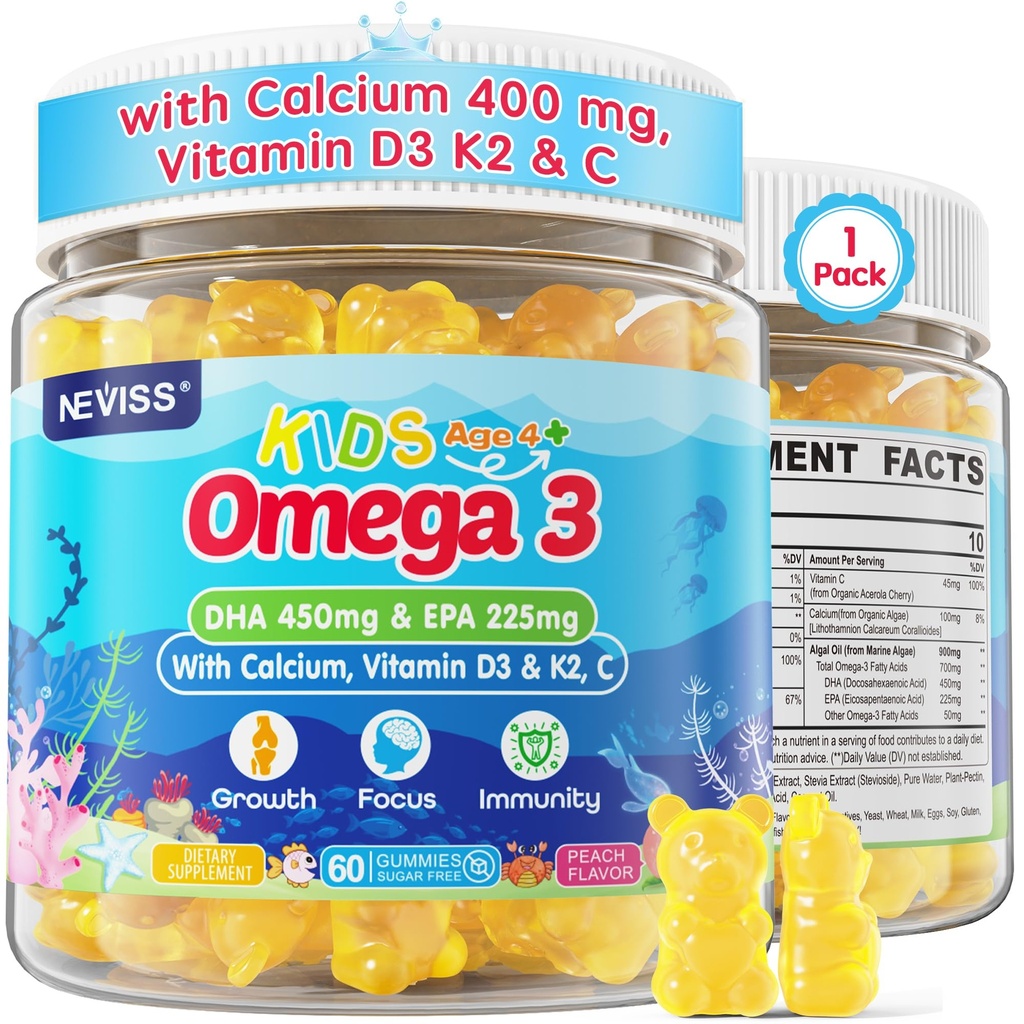 Kids Omega 3 Gummies + Calcium 400mg + Vitamin D3 K2 + C, Omega-3 DHA & EPA Supplement - No Fish Burps, No Sugar - Kids & Teens Omega 3 + Multivitamin Gummy for Strong Bones, Brain, Immune, Eye, 60Cts