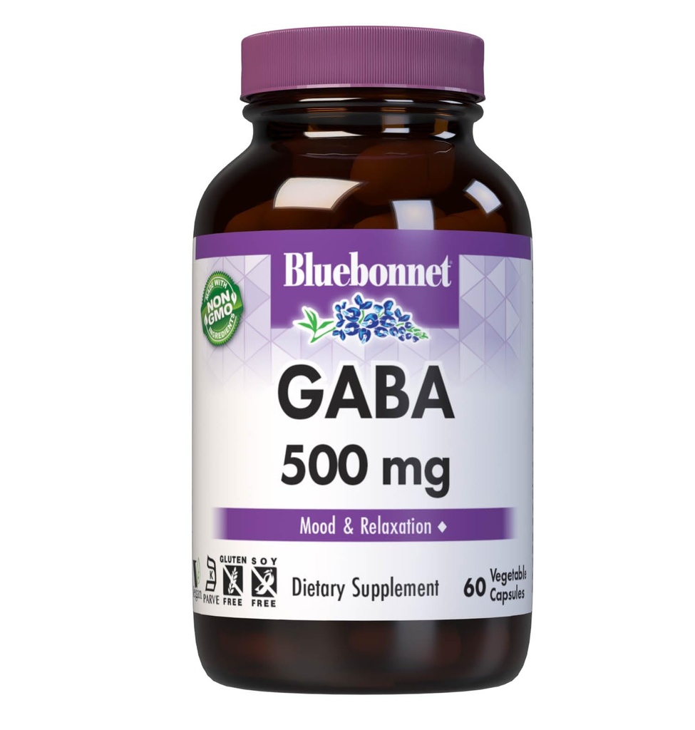 BlueBonnet Nutrition GABA 500mg, for Stress Relief*, Supports Relaxation*, Kosher, Vegan, Gluten-Free, Soy-Free, Non-GMO, 60 Vegetable Capsules, 60 Servings