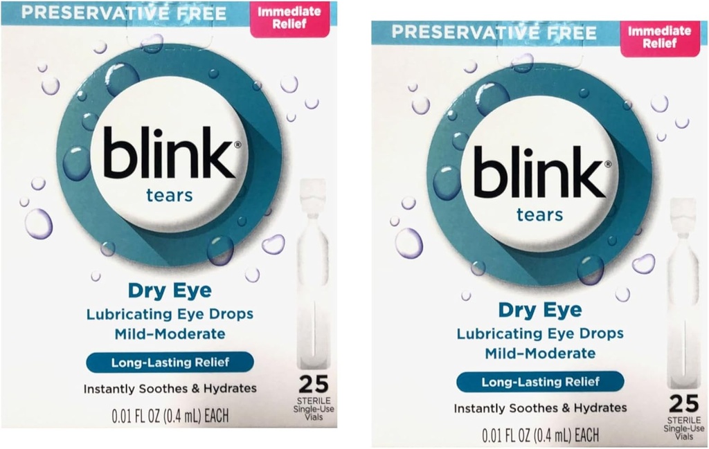 Blink Tears Preservative Free Lubricating Eye Drops, Immediate and Long-Lasting Relief for Dry Eyes, 25 Sterile Single-Use Vials, 0.01 FL OZ (0.4 mL) Each (Pack of 2)