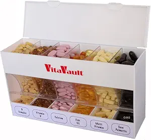 GMS VitaVault Vitamin & Pill Organizer - Medicine Cabinet Organizer with 6 Separate Large Compartments - Store up to 60 Days Worth of 6 Different Vitamins - Fits All Size Supplements - 1 pc