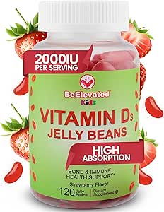 Vitamin D3 Jelly Beans - Chewable Vitamins Gummies for Kids Immune Support - Multivitamin Supplements for Bone & Joint Support - 2,000 IU Vegetarian Gummy - 120 Strawberry Flavor Beans