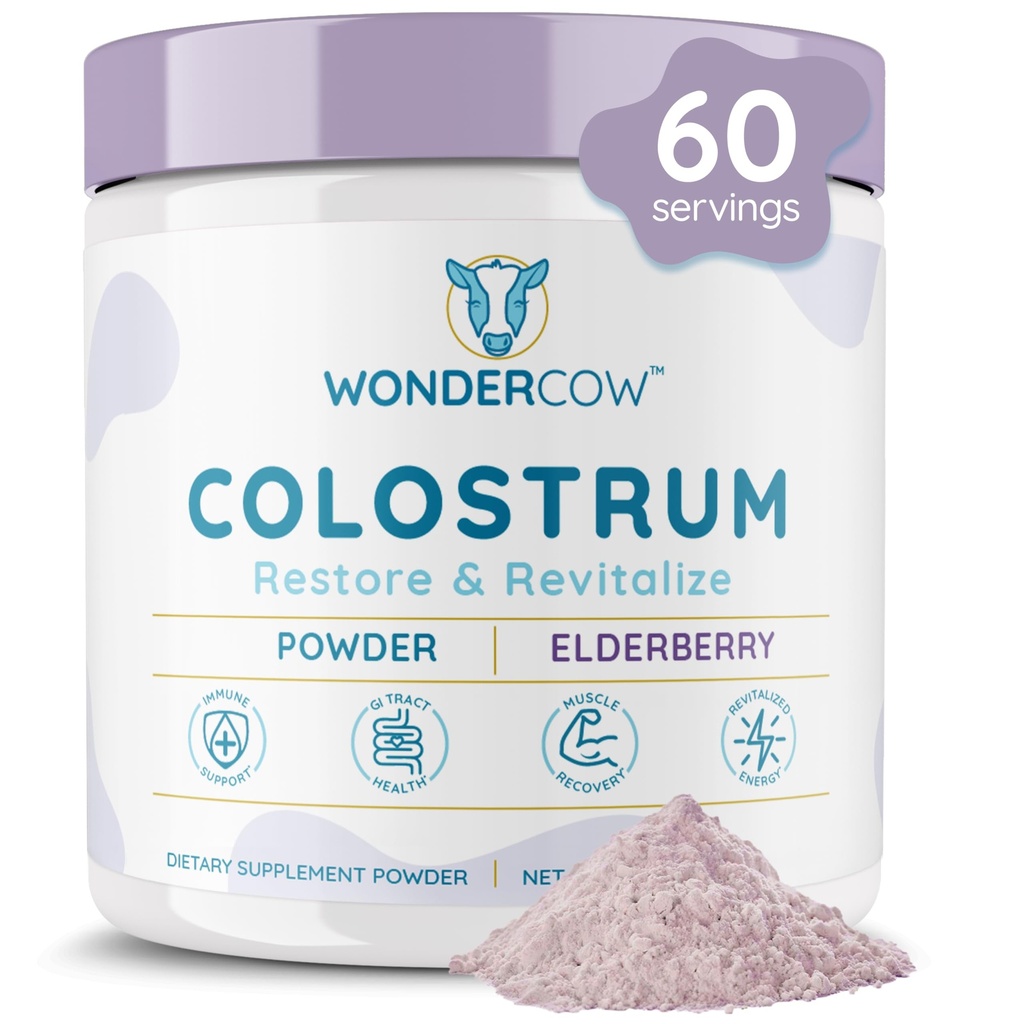 WONDERCOW Colostrum Supplement Powder for Gut Health, Immune Support & Wellness | Natural IgG Pure Whole Bovine Colostrum Superfood, Elderberry, 60 Servings