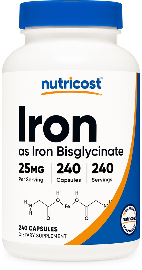 Nutricost Iron Bisglycinate Supplement (25mg) 240 Capsules, Gentle Iron | From Ferrous Bisglycinate Chelate, GMO-Free & Gluten-Free