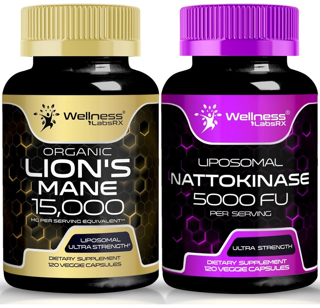 WELLNESS LABSRX Lions Mane Supplement Capsules with Nattokinase Capsules | Bundle