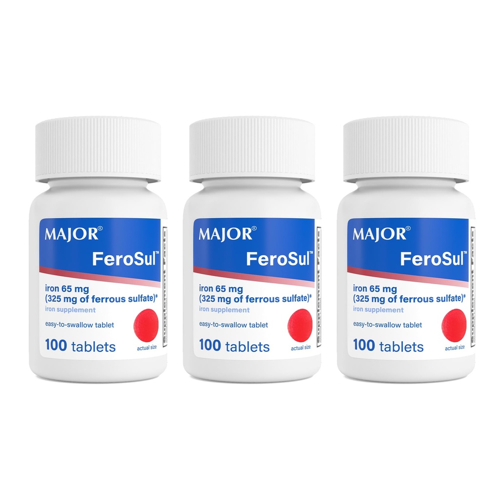 Major Ferosul - Ferrous Sulfate 325mg Tablets with 65mg of Elemental Iron - Iron Supplement for Women, Men - Red - 100 Count (3 Pack)