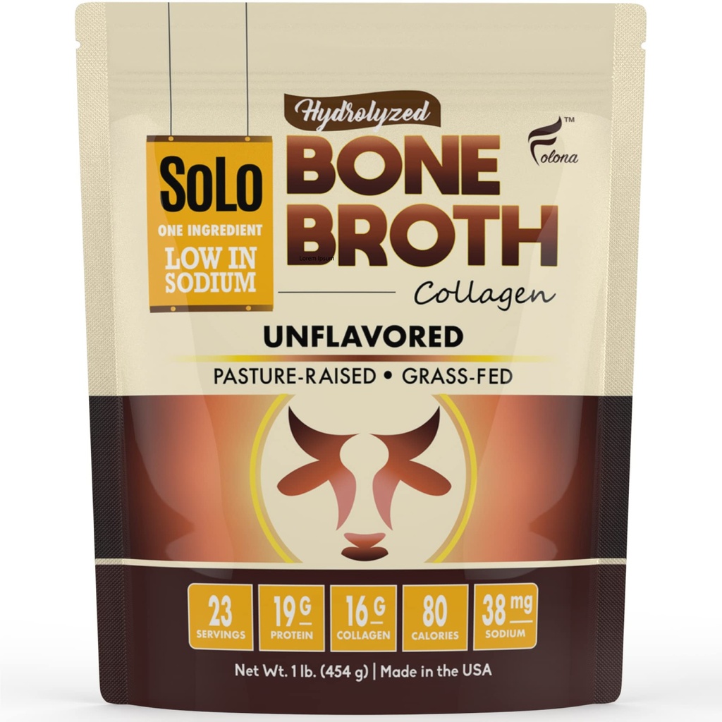 FOLONA Solo Bone Broth Protein Collagen Powder Low Sodium, 16g Hydrolyzed Collagen Type I & III, for Healthy Skin, Nails, Hair, Joints & Digestion, Grass Fed, 1 lb (Bag - Net Wt. 1 lb. Powder)