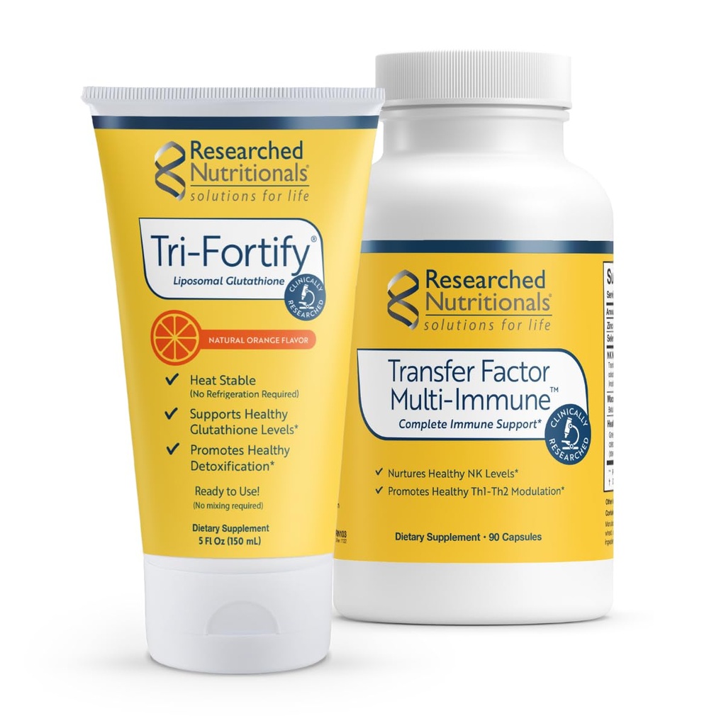 Researched Nutritionals Liposomal Glutathione (450mg) + Colostrum & Mushrooms Supplement for Immune Support - Enhanced Immunity Duo - Tri-Fortify Orange + Transfer Factor Multi-Immune (2 Piece Set)