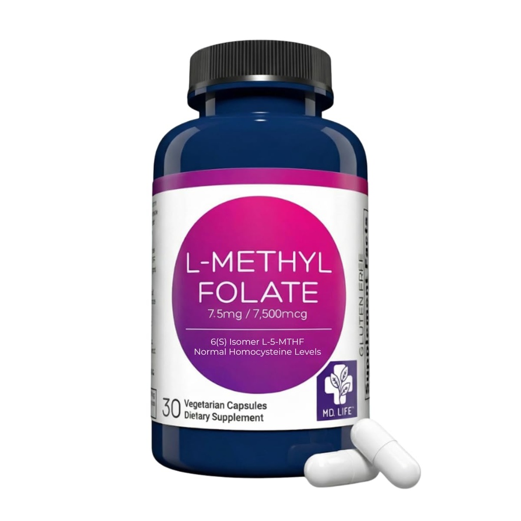 MD. Life L-Methylfolate 7.5 mg, Professional Grade, 30 Capsules, 5-MTHF | Active L-Methylfolate Supplement with Essential Amino Acids - Maximum Potency MTHFR Support - Doctor Designed, Made in USA