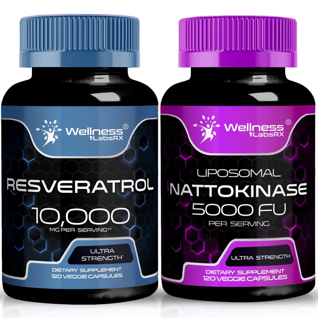 WELLNESS LABSRX Resveratrol Capsules 10000mg - Nattokinase Supplement Capsules - 5000 FU | Bundle