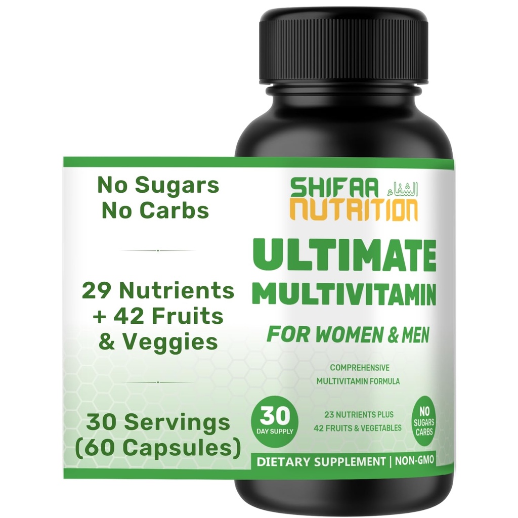SHIFAA NUTRITION Halal Multivitamins for Women, Men & Adults, 30 Servings | Iron, Vitamin A, B6, B12, Biotin, Niacin, C, D3, E, Zinc, Calcium, Folic Acid, CoQ10 | Halal Vitamins