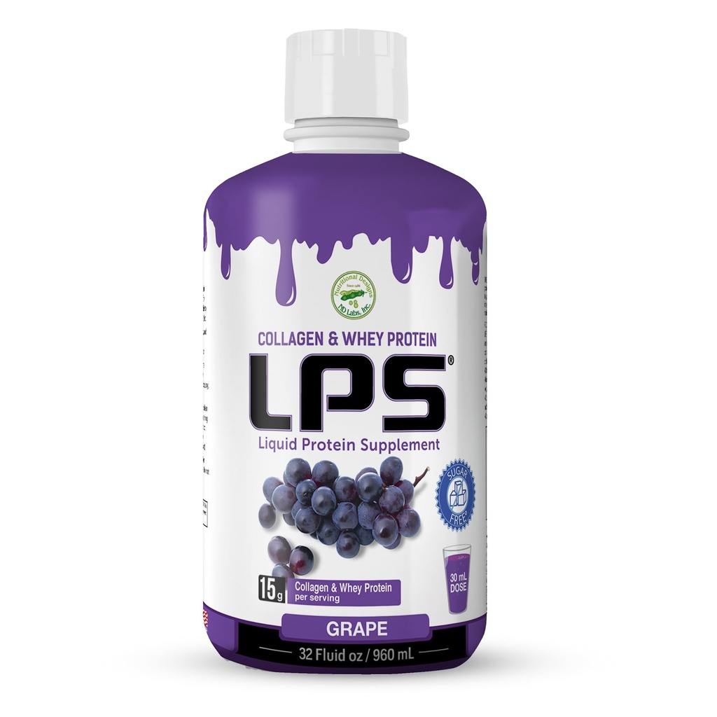 Lps Liquid Collagen & Whey Protein Supplement - Sugar-Free, Dye-Free, Non-Gmo Drink - Hydrolyzed Collagen & Whey Peptides Promotes Healthy Skin & Hair For Men & Women, Grape, 32 Fl Oz