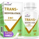 99% Pure Trans Resveratrol 1150mg, 2-in-1 Resveratrol Supplement, 60 Caps | Trans-Resveratrol 1100mg per Serving, for NAD+, Cell, Energy, Immune, Skin, Anti-Aging & Longevity