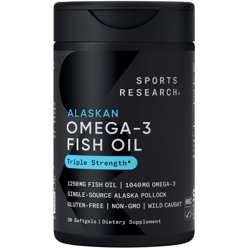 Sports Research® Omega-3 Fish Oil 1250mg from Wild Alaska Pollock, 30 Count