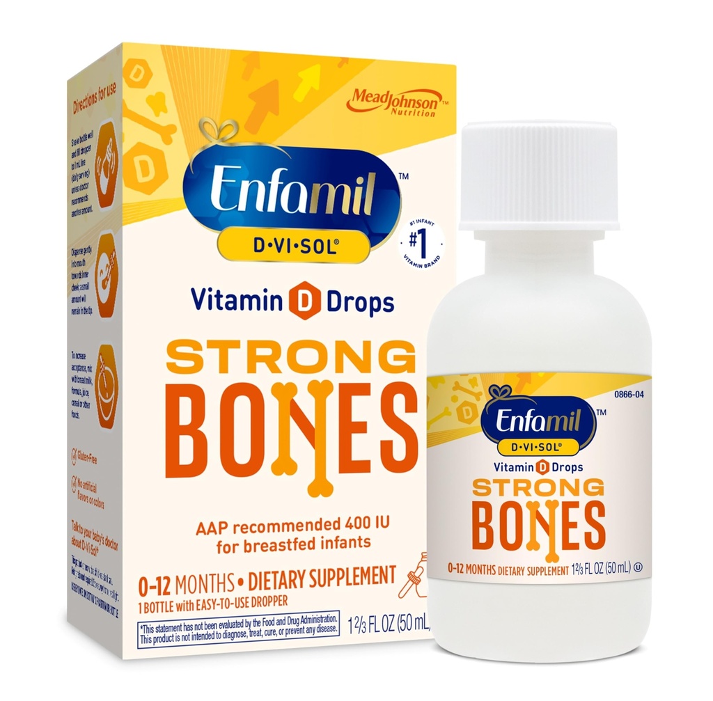 Enfamil Baby Vitamin D-Vi-Sol Liquid Supplement Drops for Infants, Supporting Strong Teeth & Bones in Newborn Babies, Easy-to-Use, Gluten-Free, 50 Day Supply, Dropper Bottle