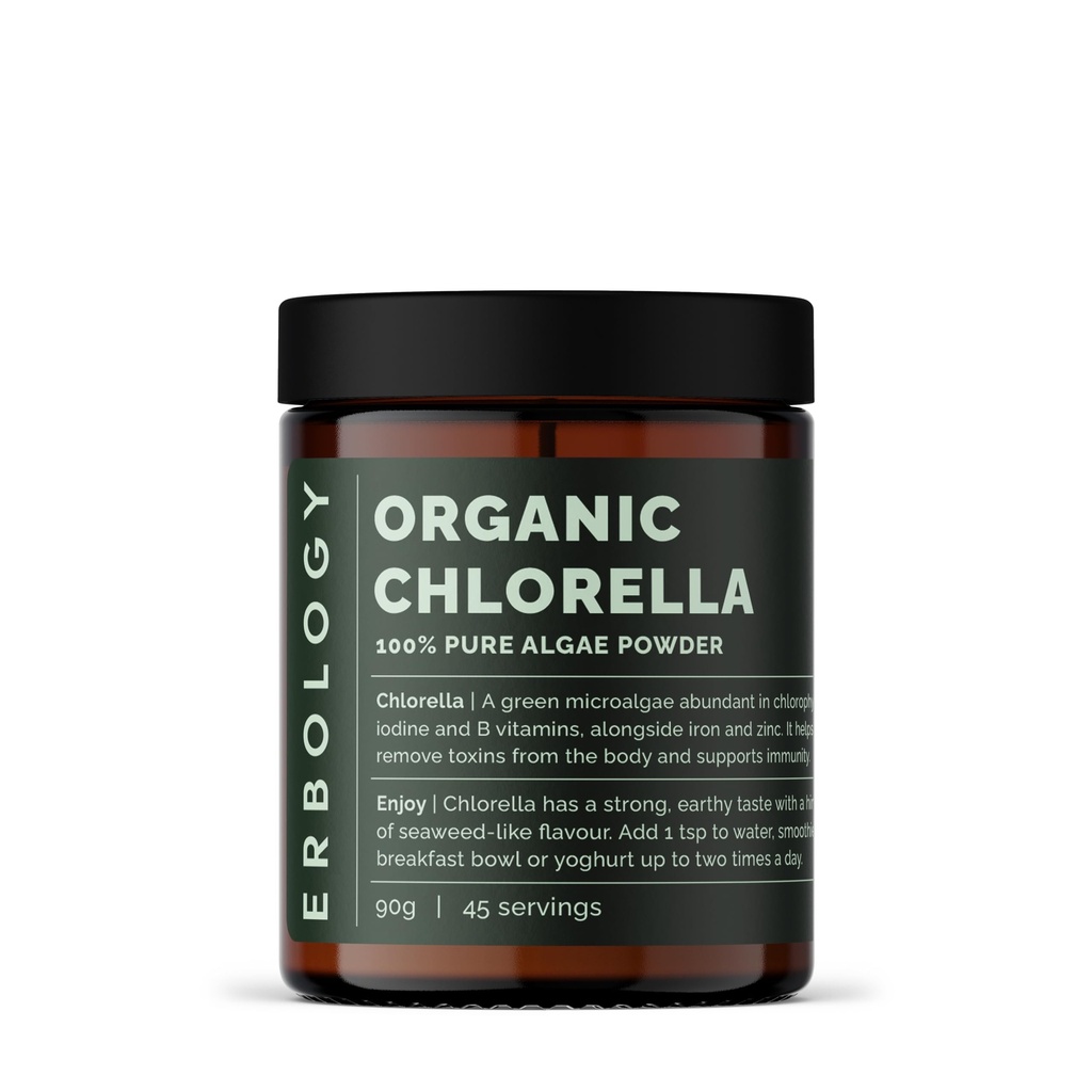 Erbology Organic Chlorella Powder 3.2 oz - 45 Servings - Sustainably Sourced in Spain - Body Cleansing and Immunity Support - Rich in Chlorophyll, B Vitamins, Iron and Phosphorus - Vegan - GMO-Free