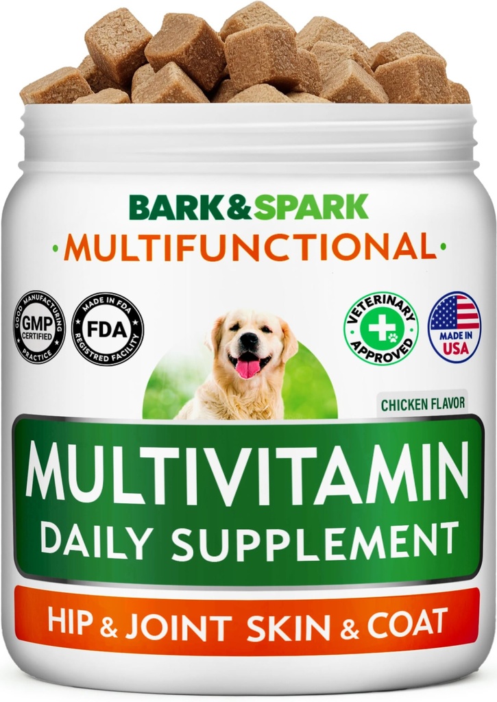 BARK&SPARK Dog Multivitamin Chews with Glucosamine, Omega 3 & Probiotics | Chondroitin & Digestive Enzymes - Skin, Coat, Joint & Gut Health Support - Vitamins & Supplements for Dogs - 120 Ct