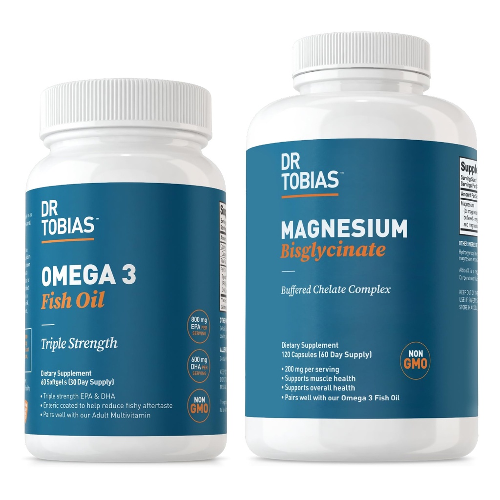 Dr. Tobias Omega 3 Fish Oil & Magnesium Bisglycinate Supplements, High Absorption, Supports Heart, Brain, Immune, Energy, Muscle, Bone & Joint Health, Non-GMO