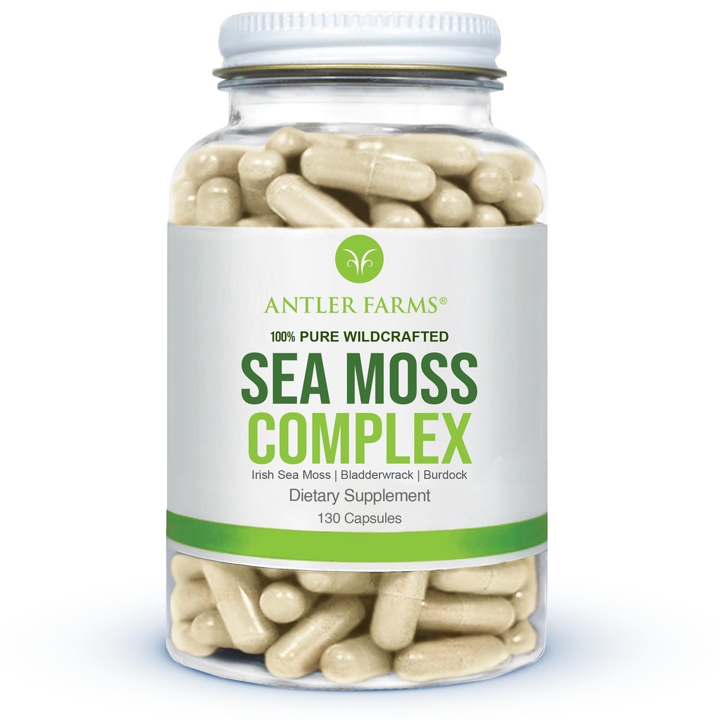 Antler Farms – 100% Pure Sea Moss Complex, 130 Capsules, Wildcrafted Irish Sea Moss, Bladderwrack, and Burdock Root – A Potent Blend for Wellness, Vegan-Friendly, Gluten, Soy, and Dairy Free