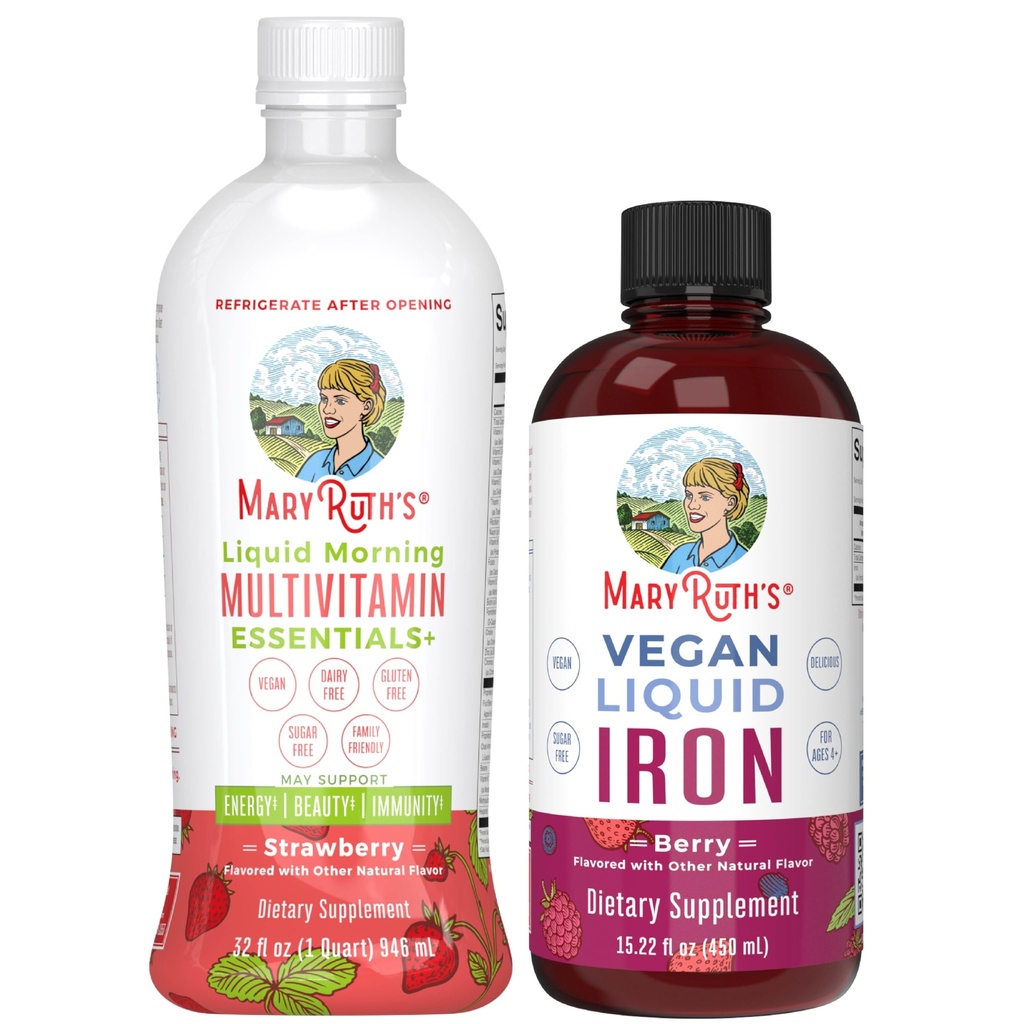MaryRuth's Liquid Morning Multivitamin (Strawberry) & Iron Liquid (Berry) | Clean Label Project Verified® | Vitamins for Energy, Immunity, & Overall Health | Vegan, Non-GMO, Gluten Free