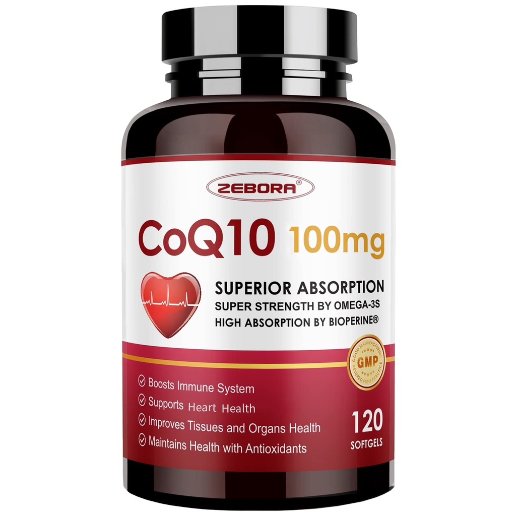 ZEBORA CoQ10-100mg-Softgels with PQQ, BioPerine & Omega-3, High Absorption Coenzyme Q10 Supplement, Powerful-Antioxidant, Support Heart & Energy-Production 120 Servings, Non-GMO