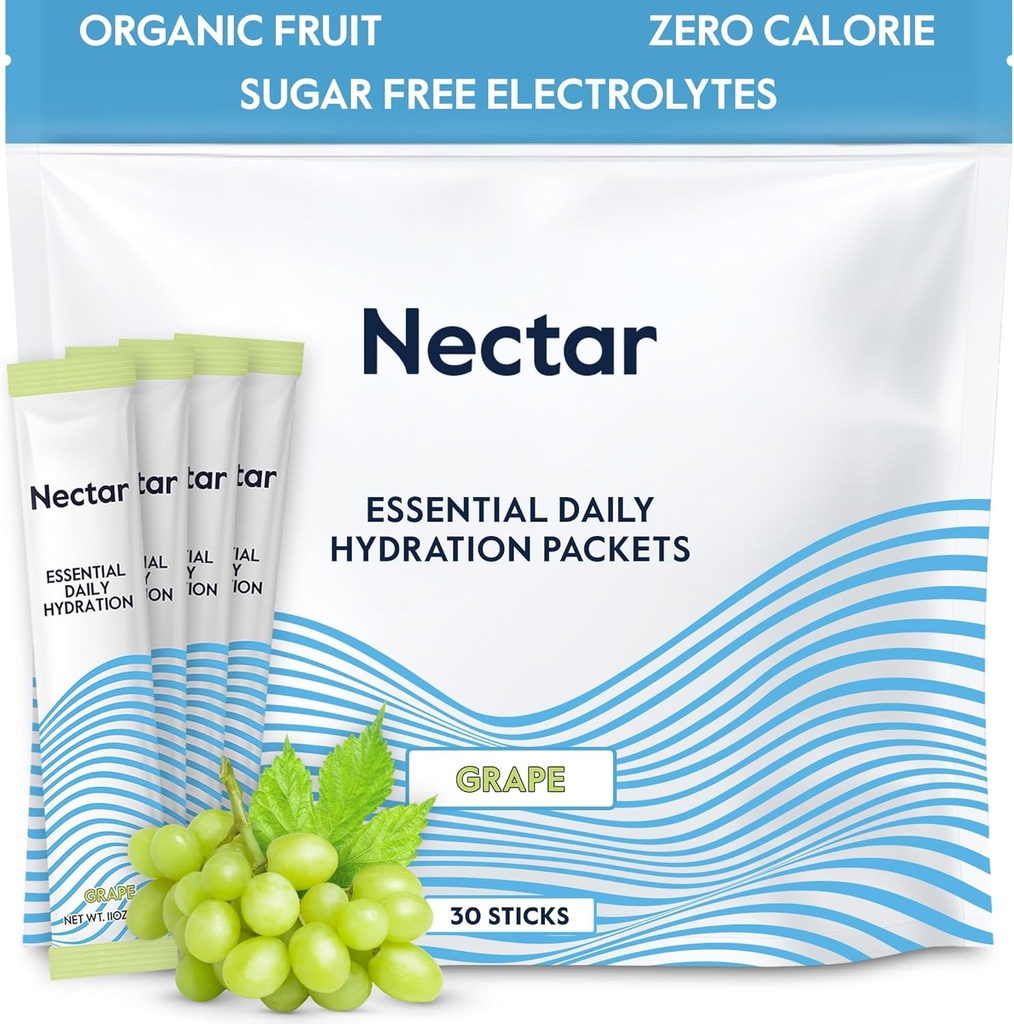 Nectar Hydration Packets - Electrolytes Powder Packets - Sugar Free & 0 Calorie - Organic Fruit Liquid Daily IV Electrolytes Powder for Dehydration Relief & Rapid Rehydration (Grape 30 Pack)