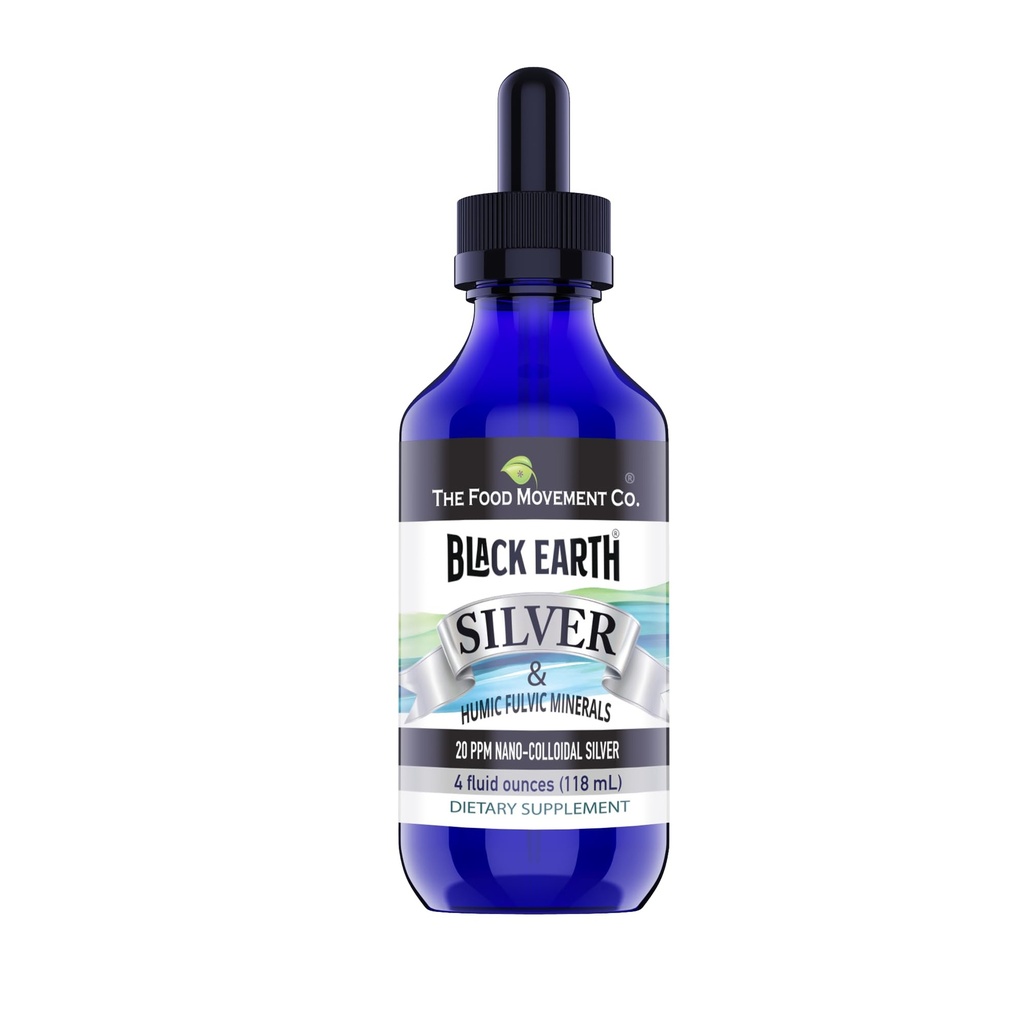 The Food Movement Co. Black Earth Silver 20ppm 4 oz Dropper - Vegan Colloidal Silver Liquid with Humic and Fulvic Acids and Trace Minerals for Digestion, Immune Support, and Whole Body Health