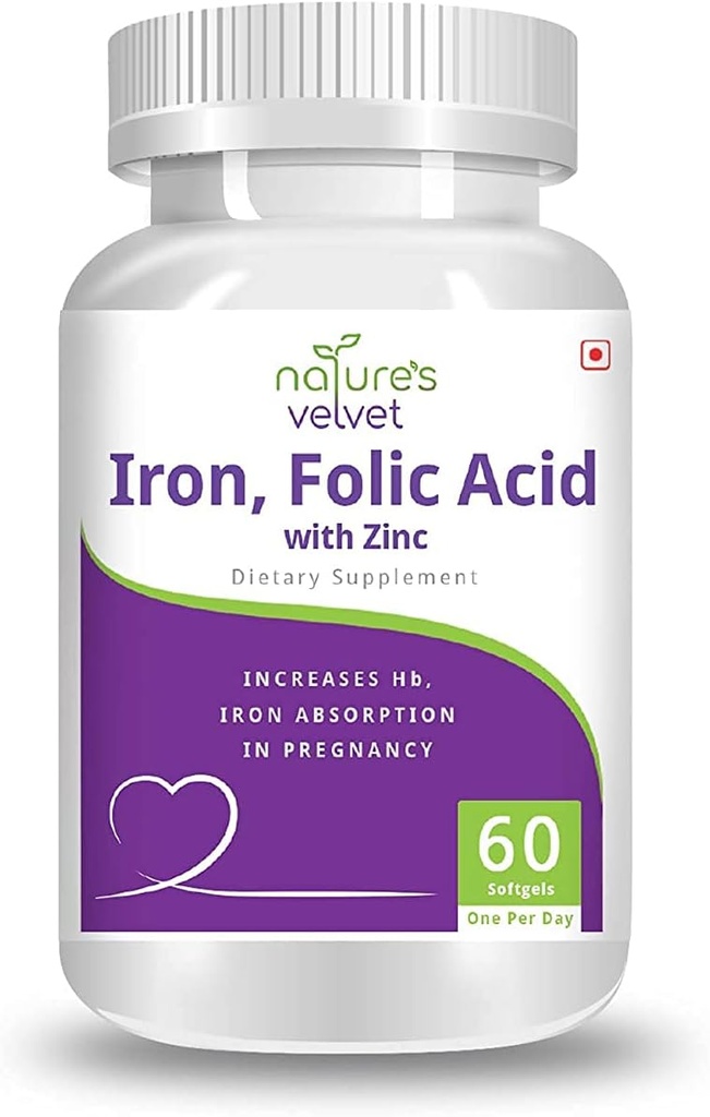 AZAZ Natures Velvet Lifecare Iron & Folic Acid with Zinc,for Supplementation in Pregnancy, 60 softgels - Pack of 1