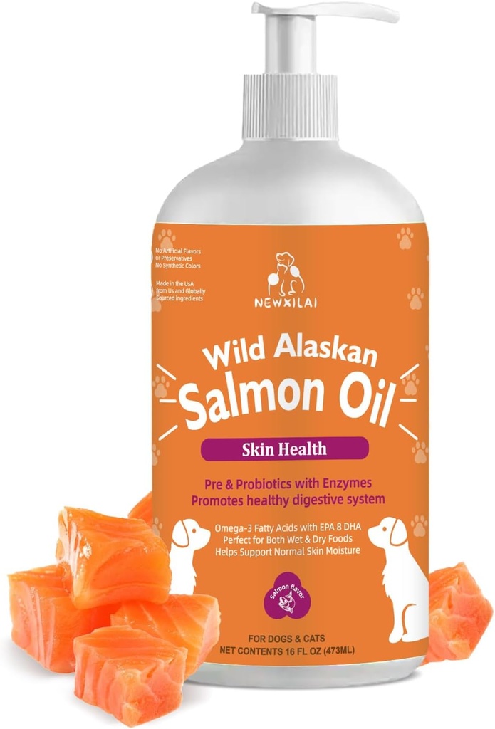 Wild Alaskan Salmon Oil for Dogs & Cats, Omega-3 Fish Oil Supplement with EPA & DHA, Support Skin Health, Shiny Coat, Strong Joint & Allergy Relief - Pump Bottle 16oz