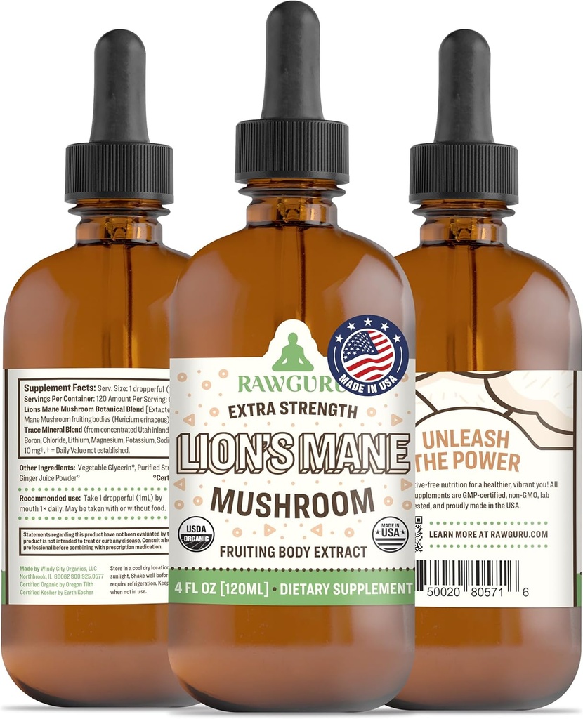 RawGuru Lion's Mane Mushroom Tincture - Vegan Lion's Mane Extract with Trace Minerals - Nano-Processed Immunity Boost & Cognitive Supplement - 120 Servings of Vegan Drops per 120 ml, Pack of 1
