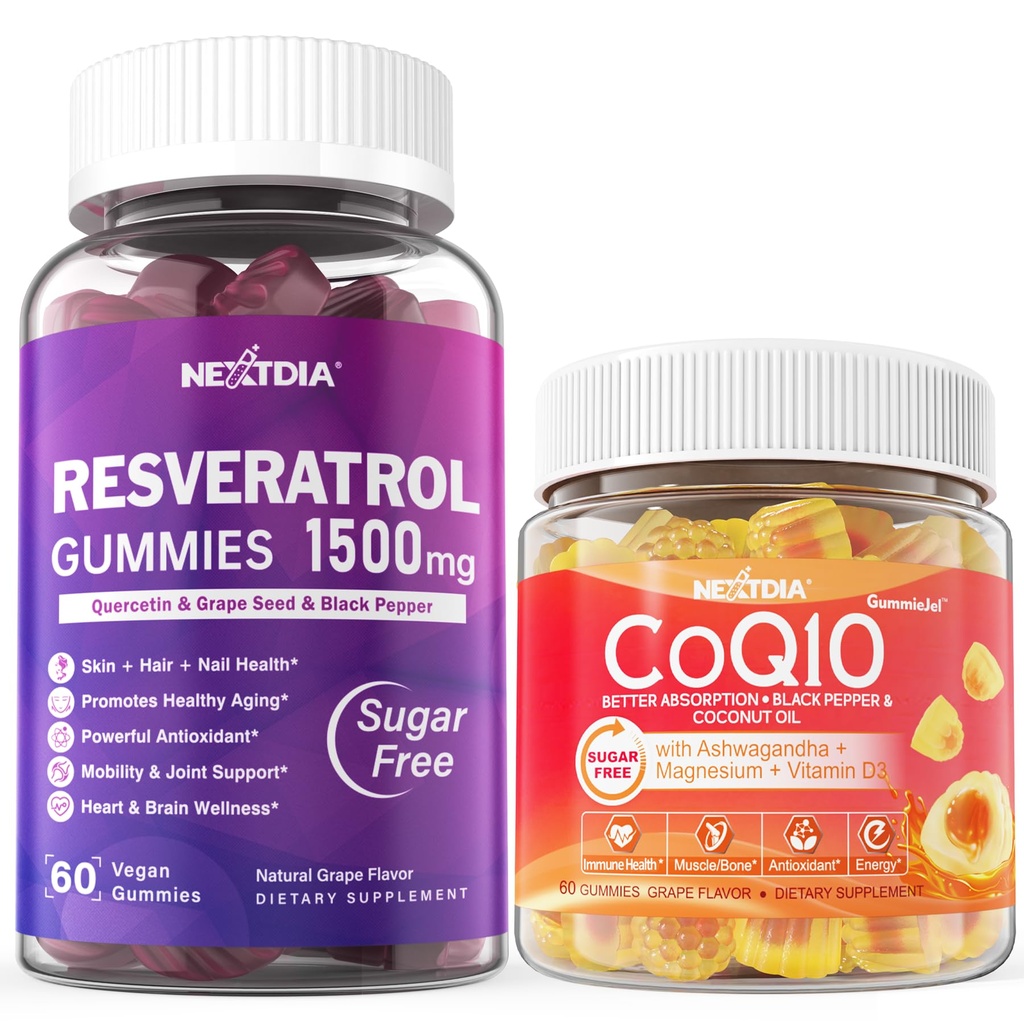 Nextdia Sugar Free Resveratrol Gummies 1500mg + CoQ10 200mg 100mg Filled Gummies with Magnesium Support Healthy Aging & Longevity