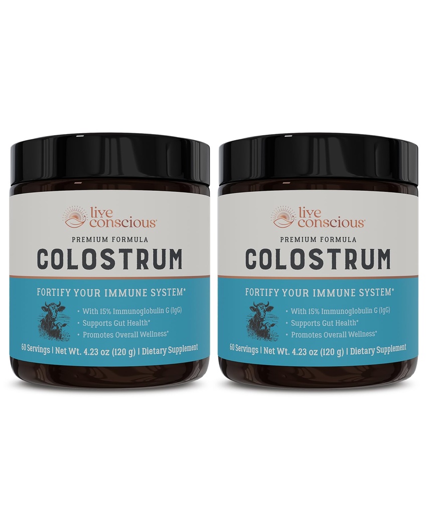 Live Conscious Colostrum Powder - Grass Fed Bovine Colostrum Supplement with Lactoferrin for Iron Absorption - Immune System Supplement (2-Pack)