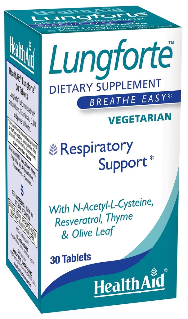 HealthAid LungForte 30 Tablets – Daily Antioxidant Lung Support with NAC, Resveratrol, Olive Leaf, Thyme & Vitamins A, C & D3 – Vegetarian, Non‑GMO
