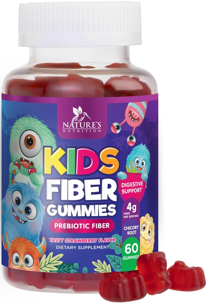 Fiber Gummies for Kids - Dietary Fiber 4g Per Serving - Daily Kids Fiber Gummy Supplement - Soluble Inulin Prebiotic Gummy for Digestive Health Support - Plant-Based Regularity Support - 60 Gummies