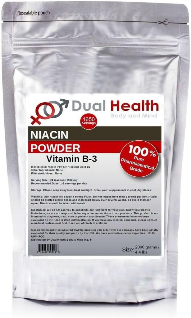Niacin Powder (4.4 lbs - 2 kilograms) Vitamin B3 Bulk Supplement Immediate Release Niacin with Flush Nicotinic Acid Non-GMO, Vegan, Gluten Free Fast Absorption No GMOs, Fillers, Additives, Metals