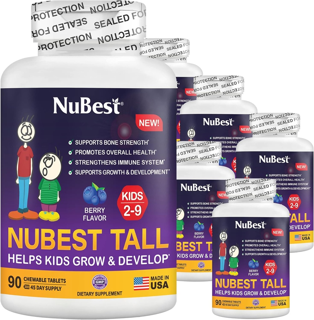 NuBest Tall Kids - Toddlers Vitamins and Kids Vitamins for Age 2 to 9 - Support Bone Strength, Overall Health and Immunity - Animal Shapes - 540 Chewable Berry Tablets | Pack 6