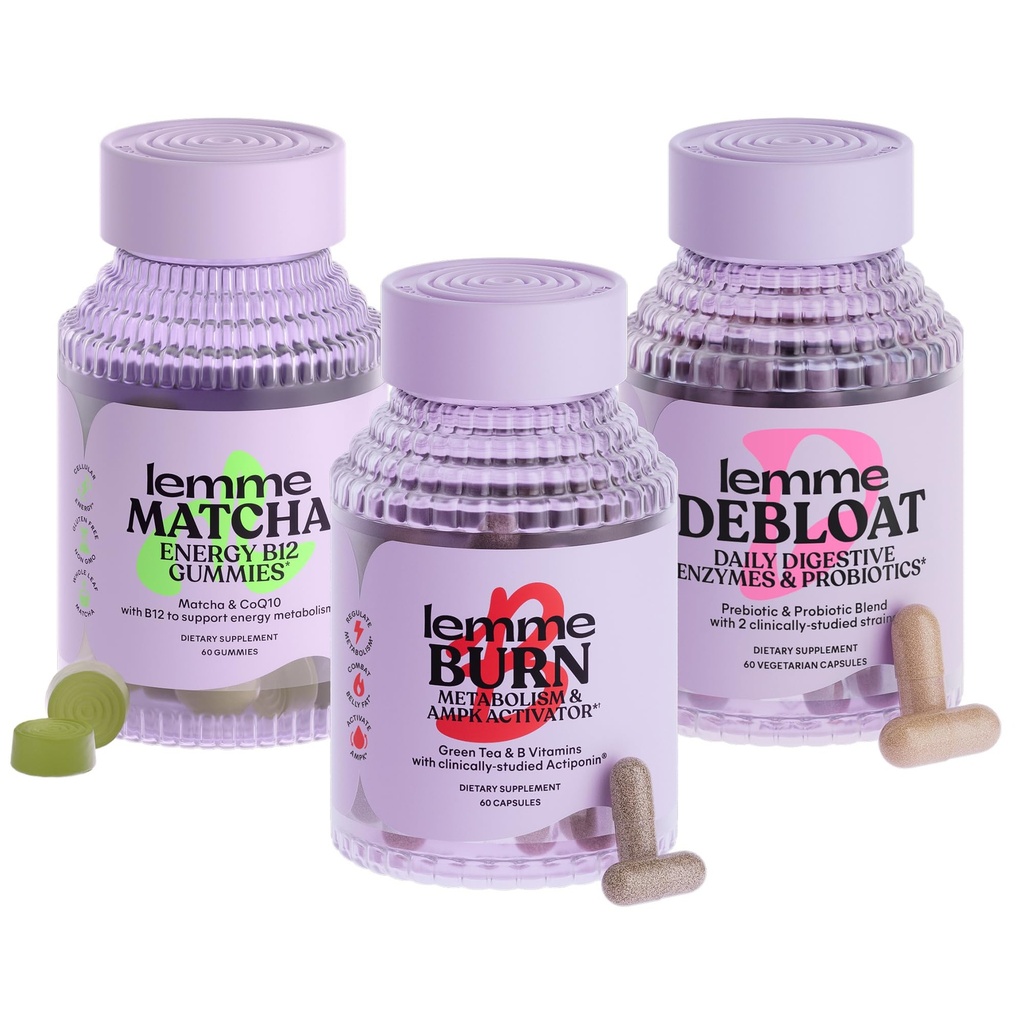 Lemme Burn, Debloat & Matcha Bundle - Metabolism & Fat Burning Capsules + Bloating & Gas Relief Capsules + Energy B12 Gummies - Gluten-Free, Non-GMO - 60 ct. ea